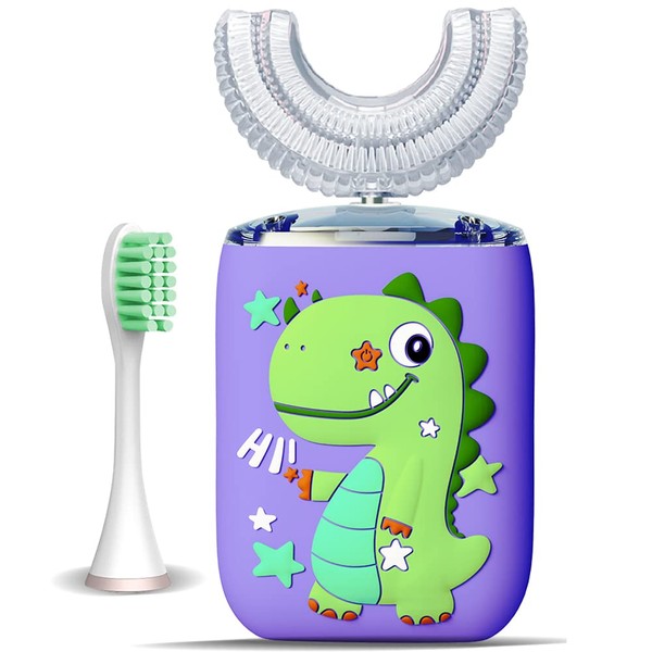 Tikmos Kids Electric Toothbrush, U Shaped Ultrasonic Automatic Toothbrushes Dinosaur Design with Six Modes Smart Timer Replacement Brush IPX7 Waterproof Auto Toothbrush for Toddler 360 Oral Cleaning