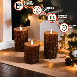 NICEME LED Pine Bark Flameless Candles Set of 3 Real Wax Battery Operated Candles Flickering Teardrop Wick Electric Decorative Pillar Bark Candles with Remote Timer, D3 x H4 5" 6"