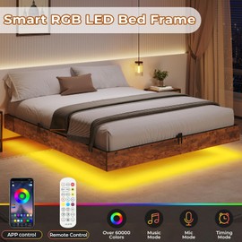 BTHFST Floating Bed Frame Queen Size with LED Lights, Industrial Wooden Metal Queen Platform Bed, Solid and Stable, Noise Free, No Box Spring Needed, Easy Assembly