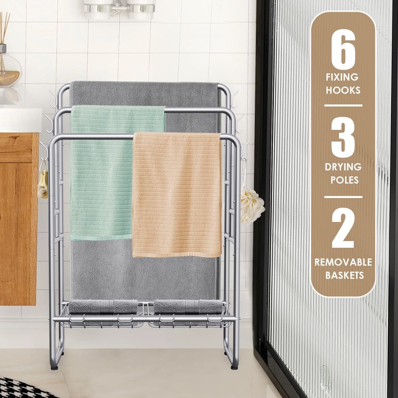 40" H Free Standing Towel Rack with 2 Storage Baskets