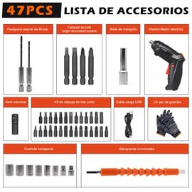 RONSXY Destornillador Eléctrico 3.6 V Recargable con Luz Led, 47 Piezas Juego de Atornillador Eléctrico con Guantes, Mango Giratorio de 90°a 180°, Destornillador Portátil Para Mejoras del Hogar
