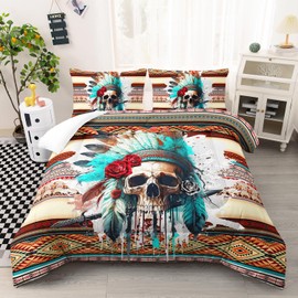 AILONEN 3D Skull Comforter Set Queen Size, Indian Style Skeleton Bone Bedding Set for Women Girls,Floral Skull Bed in a Bag,Goth Duvet Set,1 Quilt 2 Pillowcases,3 PCS