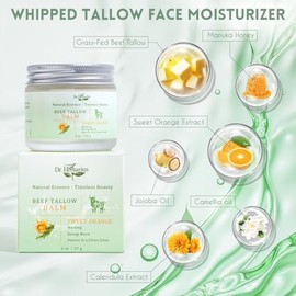Beef Tallow for Face—Organic Grass Fed Tallow and Honey Balm for Dry & Wrinkled Skin Care, Revitalize Skin for Morning, 100% Natural, Hand Whipped, Deep Nourishing, Sweet Orange, 2 Oz.