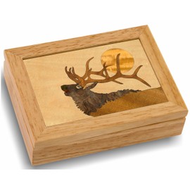 MarqArt Wood Elk Gift Box - Trinket Organizer With Hinged Lid - Store Rings, Bracelets, Watches, Coins - Great Gift For Any Occasion - Birthdays, Christmas, Graduation - (#4109AH 4x5x1.5)