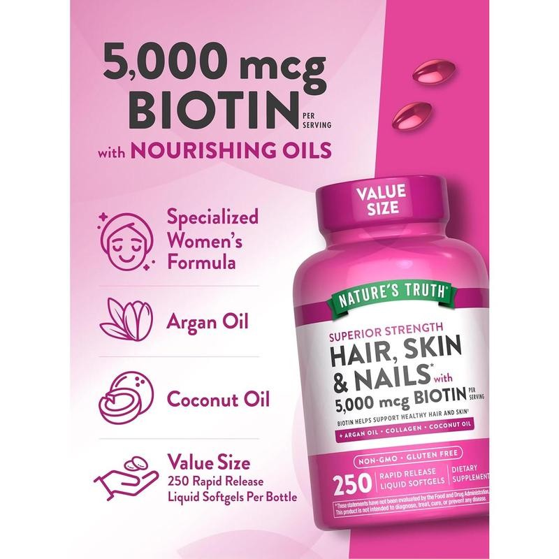 Hair, Skin & Nails Vitamins – 5000mcg, 250 Softgels for