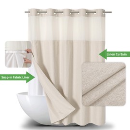 Eachope No Hooks Polyester Textured Shower Curtain with Snap-in Fabric Liner Set, Hotel Luxury Decor Shower Curtains for Bathroom with See Through Top Window, Waterproof & Washable, 71Wx74H, Cream