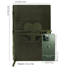 LUXEORIA Heart Journal for Women and Men, Handcrafted Leather Journal for Writing Womens, Leather Sketchbook, Travel Diary with Unlined Deckle Paper, Dark Green 8x13