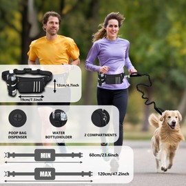 Hands Free Dog Leash for Medium Dogs - Adjustable Running Waist Belt with Poop Bag Dispenser & Pouch and Water Bottleholder, Reflective Bungee Leash Dual Handles for Large Small Dogs