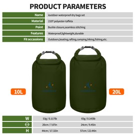 ioutdoor Dry Bag Set,2L/5L/10L/20L Waterproof Dry Bags Lightweight Dry Sacks Set Waterproof Canoe Bags for Rafting Hiking Camping Travel Fishing Boating(Army Green 10L+20L)