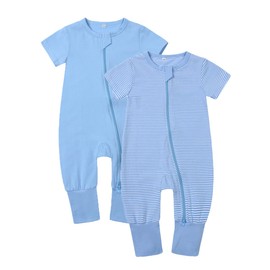 Feidoog Toddler 2 Pack Baby Zipper Rompers Cotton Short Sleeve 2 Way Zipper One Piece Jumpsuit Outfits,Blue,3-6M