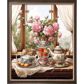 Leczany Cross Stitch Stamped Kit for Adults or Kids - Tea Time | DIY Embroidery Starter Patterns Craft Kit Needlepoint for Beginner | 11CT, 3 Strands | 13.8x16.9 inches