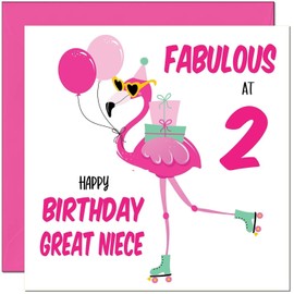 2nd Great Niece Birthday Card - Fabulous Flamingo - Womens Pink Cute Great Nieces Birthday Card for 2 Year old Kids two, second