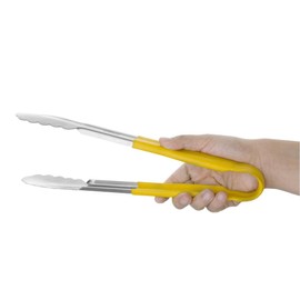 Hygiplas Pro-Grade Colour Coded Kitchen Serving Tongs 300mm, Yellow, Stainless Steel, Colour Coded Yellow for Cooked Meat, Vinyl Coated Handles | CB157