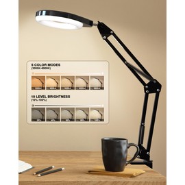 Desk Magnifying Glass with Light, 10X & 5X Lighted Magnifying Glass, Dimmable Magnifying Lamp, Adjustable 10 Brightness Level and 5 Color Mode Magnifying Glass for Craft Jewelry Sewing Reading (Pink)