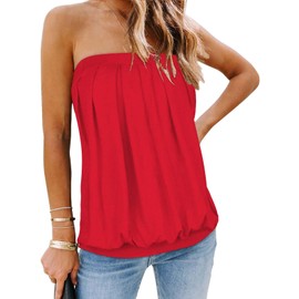Women's Strapless Tops Summer Casual Bandeau Tank Casual Tunic Tube Blouse Shirts (Red,XL)