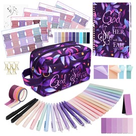 Bible Study Supplies for Women, Bible Journaling Kit Includes Bible Pencil Case, Tags, Pens, Highlighters, 4 Color Clear Sticky Notes, Notebook, 15 Clips, 4 Rolls of Washi Tape & More (Purple)