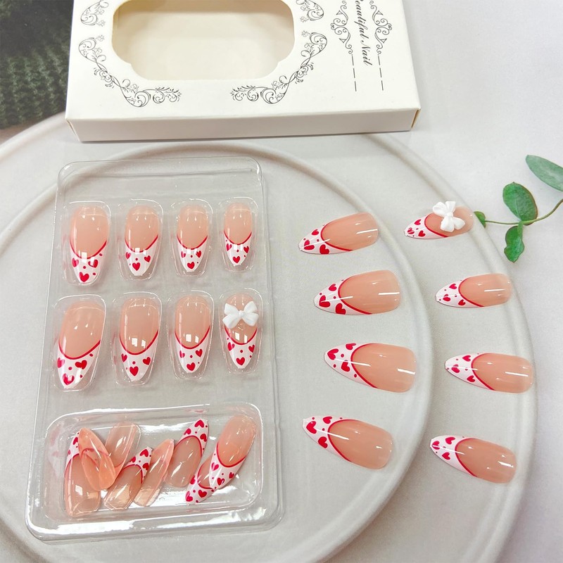 Valentines Press on Nails Medium Almond Fake Nails With Red