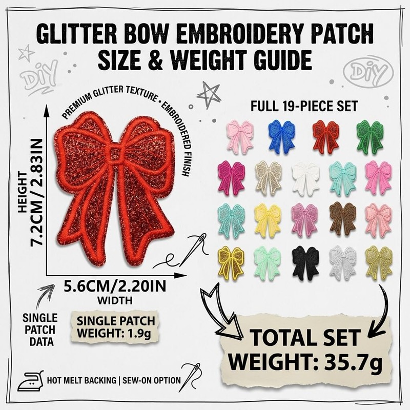 19PCS Glitter Bow Iron on Patches, 19 Colors Shiny Glitter