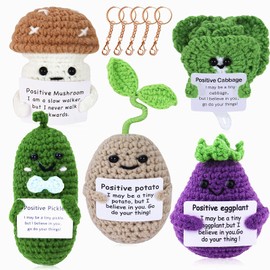 Positive Potato Crochet Doll,5PCS Emotional Support Pickle Cucumber, Encouragement Support Vegetables Mushroom Cabbage Knitted Dolls with Positive Card,Stress Relieving Knitting Doll Decor Keychain