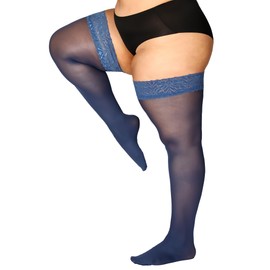 DORALLURE Plus Size Thigh High Stockings, Silicone Lace Top Stay Up, Navy Blue Silky Pantyhose for Women, Hold Up Nylon, 1X 2X
