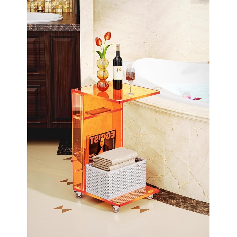 Clear Acrylic Side Table on Lockable Wheels, C Shaped End