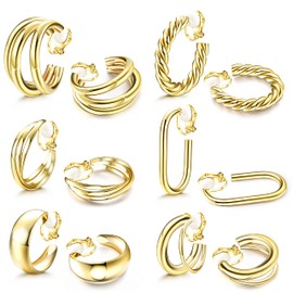 Kakonia Clip On Earrings for Women 6Pairs Gold Clip On Hoop Earrings For Egirls Chunky Hoops Twist Triple Square Hoop Earrings No Piercing Fake Earrings Set