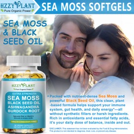 Sea Moss Softgel Capsules,High Absorption Irish Sea Moss Advanced with Black Seed Oil Ashwagandha Turmeric Burdock Root,Seamoss Superfood w/Raw Sea Moss for Immunity,Gut,&Energy,Non-GMO,60 Servings