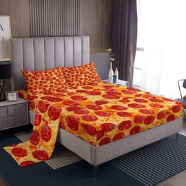 Feelyou King Bed Sheets Set for Kids Bedroom Decor Pizza Sheet Set Pepperoni Be Print Bedding Set Soft Lightweight Funny Delicious Pizza Theme Bed Cover with Flat Sheet, Fitted Sheet, Pillow Case