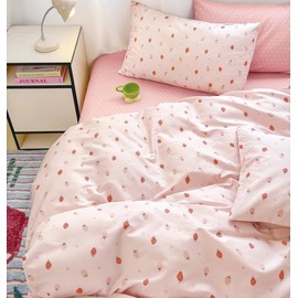 Michorinee Double Duvet Cover Set 100% Cotton Pink Strawberry Bedding Set 3pcs Cute Kawaii Cotton Comforter Cover with Zipper Closure and 2 Pillow cases 50 x 75 cm