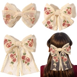 LFOUVRE Lace Hair Bows Hair Clips, Embroidered Bow Hair Clips Floral Hair Bow Clips, Hair Bows for Girls,Mesh Bows for Hair Bow Clips for Women,Bowknot Barrettes Hair Accessories for Women 3pcs