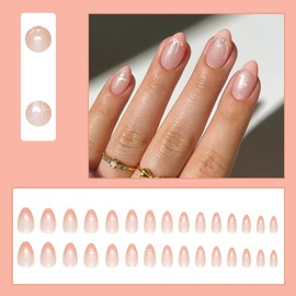 24Pcs French Tip Press on Nails Short Almond Fake Nails Full Cover Pink Acrylic Nails Bow False Nails with Pearls Charms Design Shiny Glue on Nails Star Stick on Nails for Women Valentines Manicure