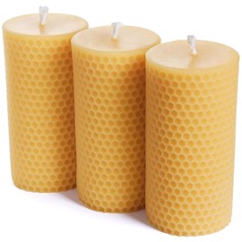 Pure Natural Beeswax Pillar Candles - Pack of 3 - Honeycomb Surface, No Scent- for Emergency/Prayer/Relax (2inch Diameter, 4 inch Tall - Yellow)