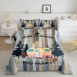 Happy Camping Bedding for Girls Kids Teens, Pink Rv Car Comforter Set, Rustic Wooden Vintage Farmhouse Down Comforter, Camper Bedding Set for Travel Trailers, Wolf Bear Hunting Theme Quilt, Queen