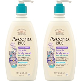 Aveeno Kids Sensitive Skin Face and Body Wash with Oat Extract, Gently Washes Away Dirt and Germs Without Drying, Tear-Free, Hypoallergenic Kids Body Wash, 18 fl. oz, 2 Pack