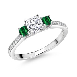 Gem Stone King 925 Sterling Silver White Moissanite and Green Nano Emerald 3 Stone Engagement Ring For Women | 1.04 Cttw | Cushion 5MM and 3MM | Available In Size 5, 6, 7, 8, 9
