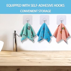 LORSFOZ A Pack of 12 dishcloths (Comes with 12 self - Adhesive Hooks), Super - Absorbent and Soft Coral Fleece Cleaning Cloths, Reusable, Dirt - Resistant and Quick - Drying Rags. (A)