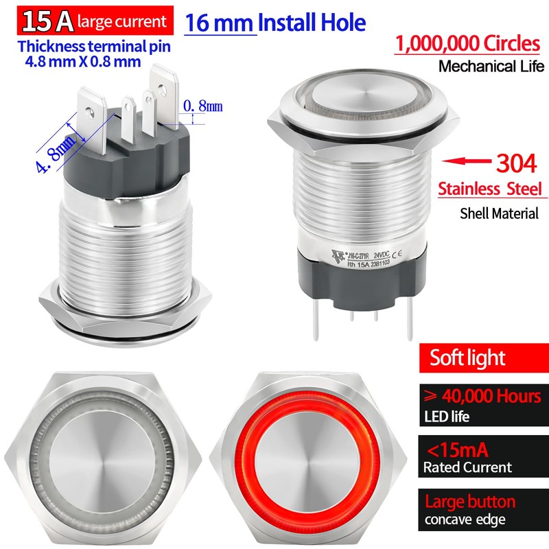 UL Listed 15Amp Latching Push Button Switch 16mm Waterproof IP67