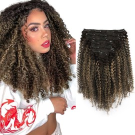Sassina Afro Curly Clip in Human Hair Extensions for Black Women Natural Black to Strawberry Blonde Remy Clip in Hair Extensions Real Human Hair 12 Inch 7 Pcs with 17 Clips 120 Grams