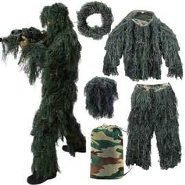 SATOCVAY 5 in 1 Ghillie Suit, 3D Camouflage Hunting Apparel for Men/Youth/Kid Including Jacket, Pants, Hood, Carry Bag (M/L)