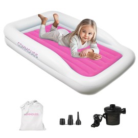 COMMOUDS Portable Toddler Travel Bed with Safety Bumpers, Inflatable Kids Air Mattress with Electric Pump, Baby Blow up Mattress, for Grandma's Home Camping Vacation