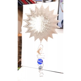iron stop SILVER SUN FACE 11" Thick Metal Garden Wind Spinner with Tail with ball