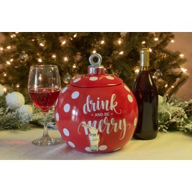 Drink and Be Merry Ball Ornament Rosy Red 11 x 11 Dolomite Ceramic Holiday Beverage Dispenser