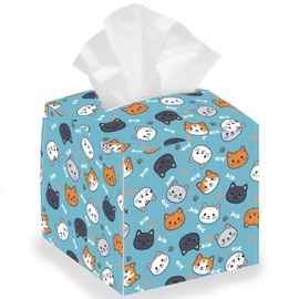 DELORIGIN Cat Face Tissue Box Holder, Square Tissue Box Cover Foldable Tissue Storage Box Waterproof Paper Towel Case Container Organizer Cute Tissue Box Holder for Bedroom Office Bathroom Car