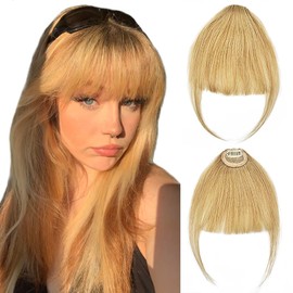 MYMYDA Clip in Bangs 100% Real Human Hair Extensions Clip on Wispy Bangs for Women Fringe with Temples Hairpieces Light Blonde Color