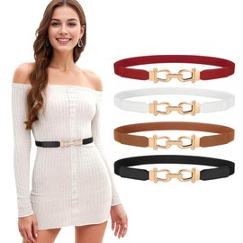LEACOOLKEY Slim Belt Women's Thin Waist Belt Stretch Belt Women's Elastic Belt for Dress Gold Buckle, F-Black+Brown+White+Red