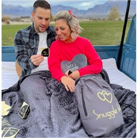 Snuggle Kit Fleece Blanket - Date Night Conversation Cards & Pillow Included - Perfect Romantic Couple Cuddle Present for Anniversary, Newlyweds, or Grandparents - Queen Size - Gray
