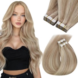 Sunny Hair Tape in Hair Extensions Human Hair Invisible Tape in Hair Extensions Straight Tape in Extensions Hair Extensions for Women 20Pcs 22inch Warm Ash Blonde with Bleach Blonde Highlights