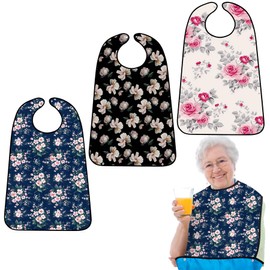 BSFHH 3 Pack Adult Bibs for Eating Waterproof and Washable Reusable Clothing Protectors & Adult Bibs with Debris Trap (Flower)