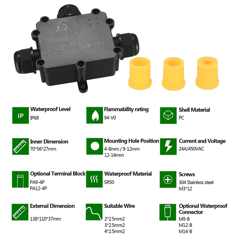 IP68 Waterproof Junction Box, 3-Way External Cable Glands Wire Connectors