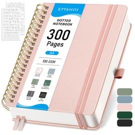 EMSHOI Bullet Dotted Journal Spiral Notebook - 300 Pages, A4 Hardcover Leather, 100 GSM Thick Dot Grid Notebook for Women Men Work Writing, Bullet Journaling, Drawing, 8.27" x 11.2", Rose Gold